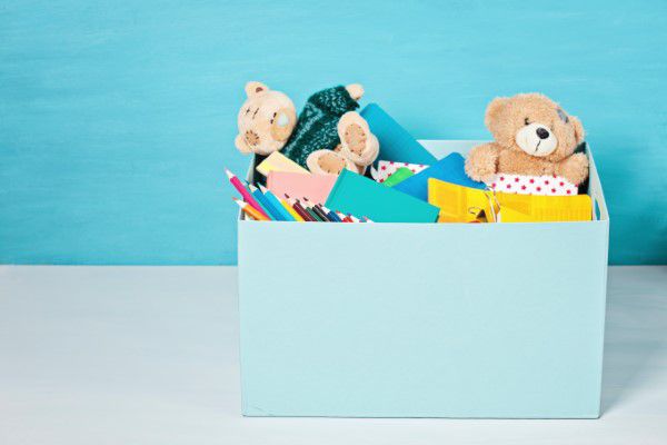 Box of donations with toys and other items